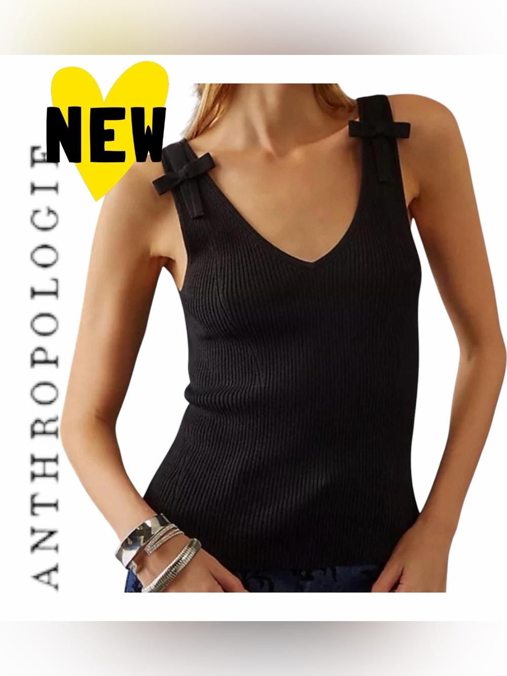 NWT Maeve for Anthropologie black 🖤 bow detail ribbed v neck tank size large